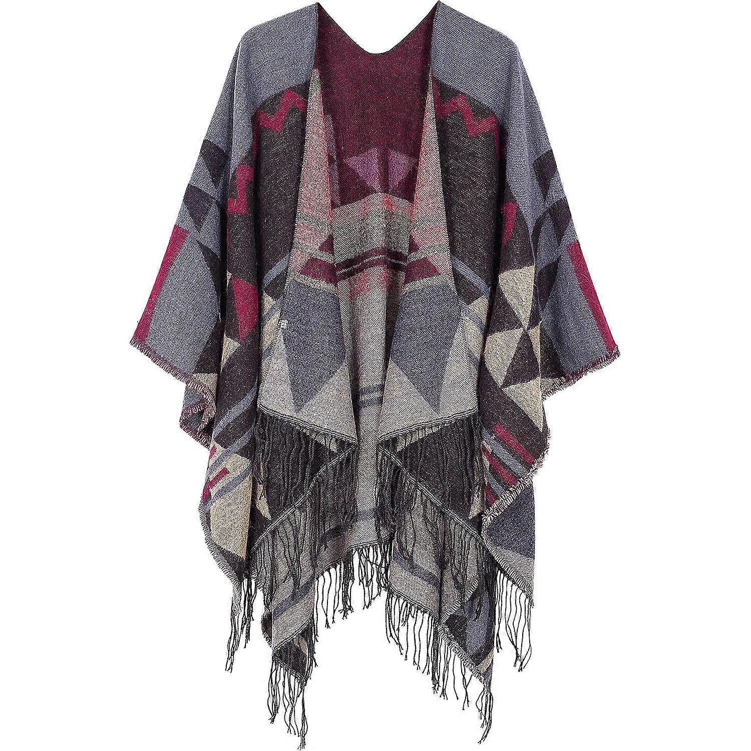 Women's Printed Cardigan Shawl with Front Fringe, Checkered Scarf with Puffed Corner Open Front with Wavy Shawl Wrap（Y0314）