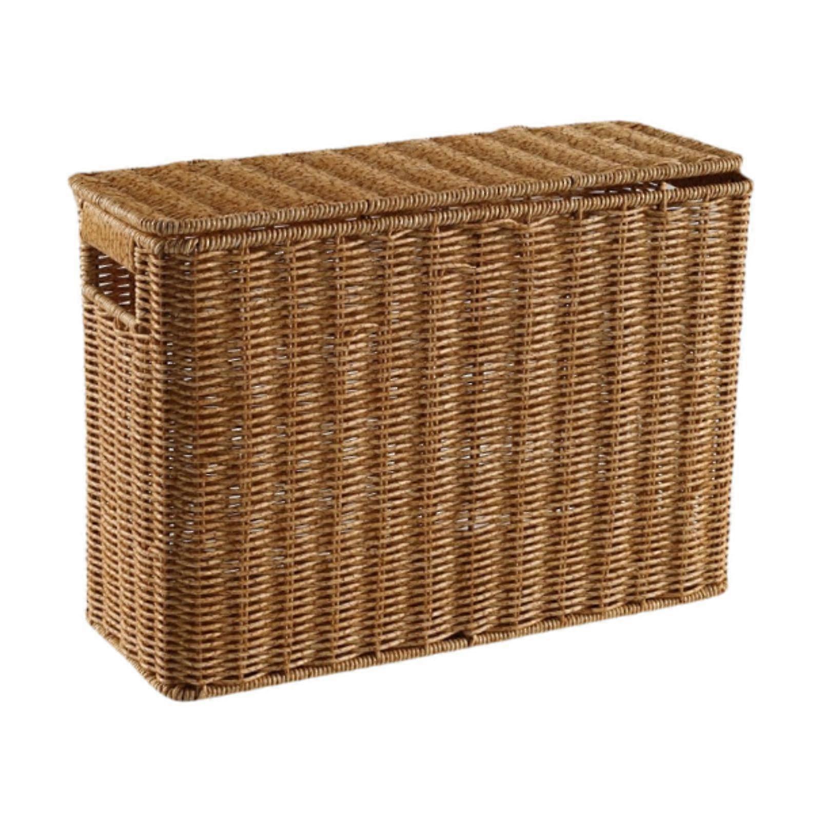 Tall Wicker Storage Basket with Lid, Hand Woven Magazine Holder and SpaceSaving Organizer