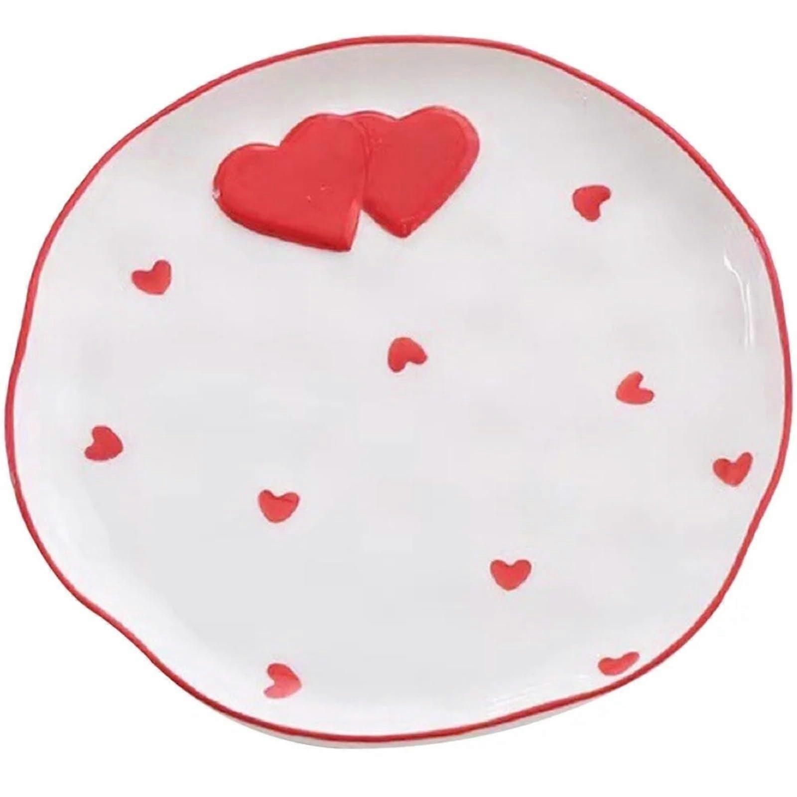 Ceramic Dessert Plate with Pink Heart Pattern, Dishwasher Safe Round Ceramic Plate for Snacks