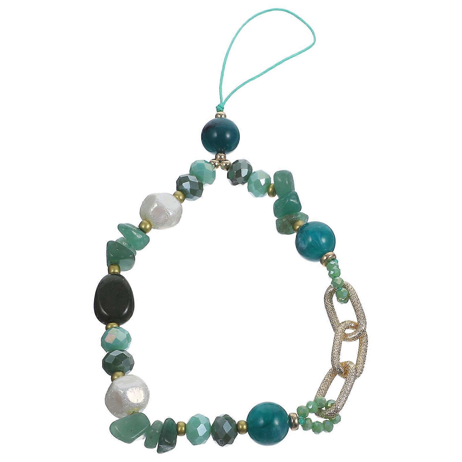Green Beaded Phone Chain for Decor with Stone Crystal Charm Strap