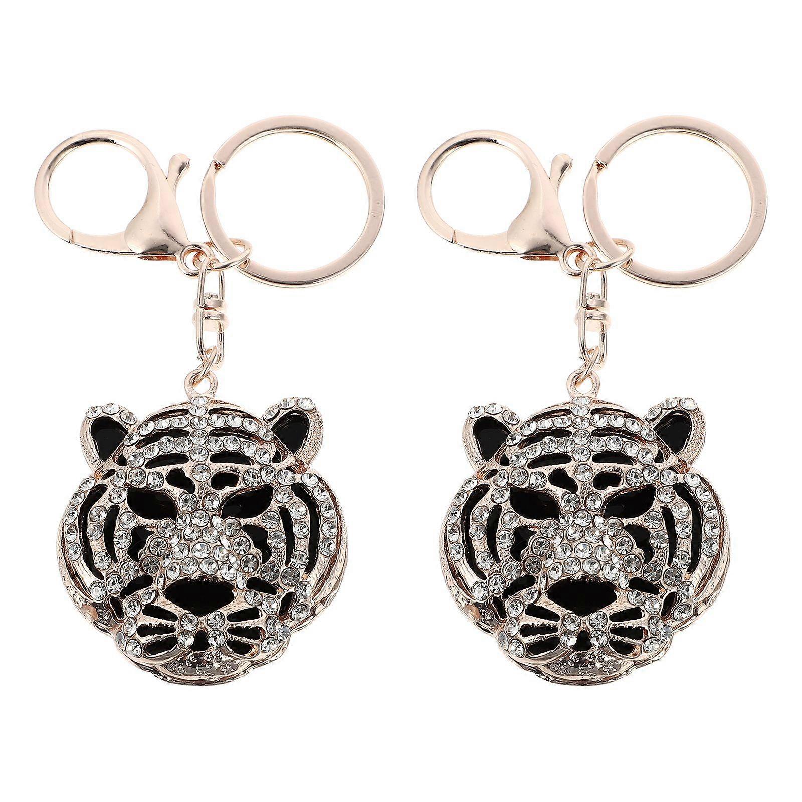 2pcs Shiny Rhinestone Tiger Keychains Keyholder Pendants Creative Keyring Decors