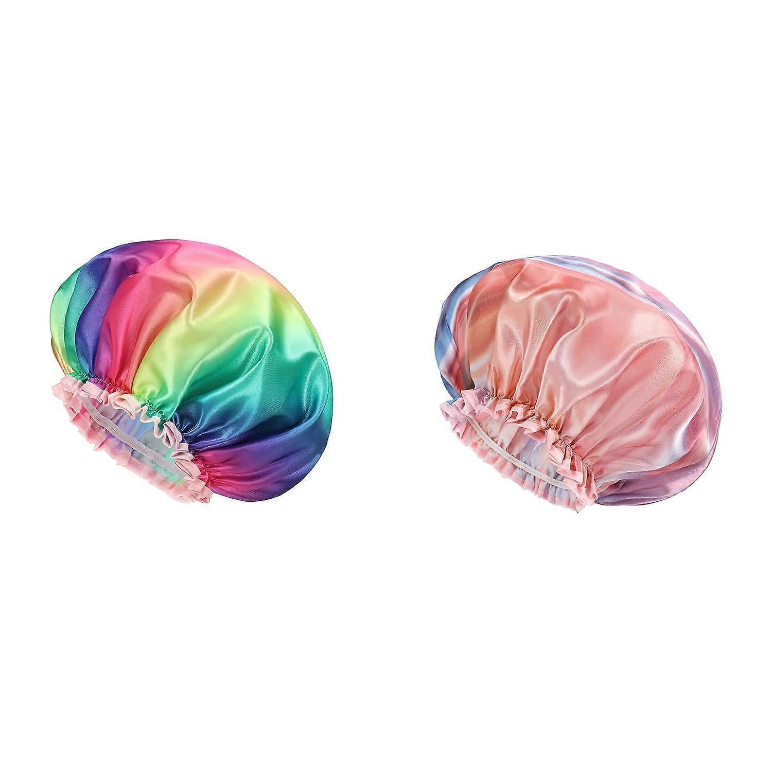 Waterproof Shower Cap 2 Pack for Women, Double Layer PEVA Lined, Large and Medium, Rainbow Design