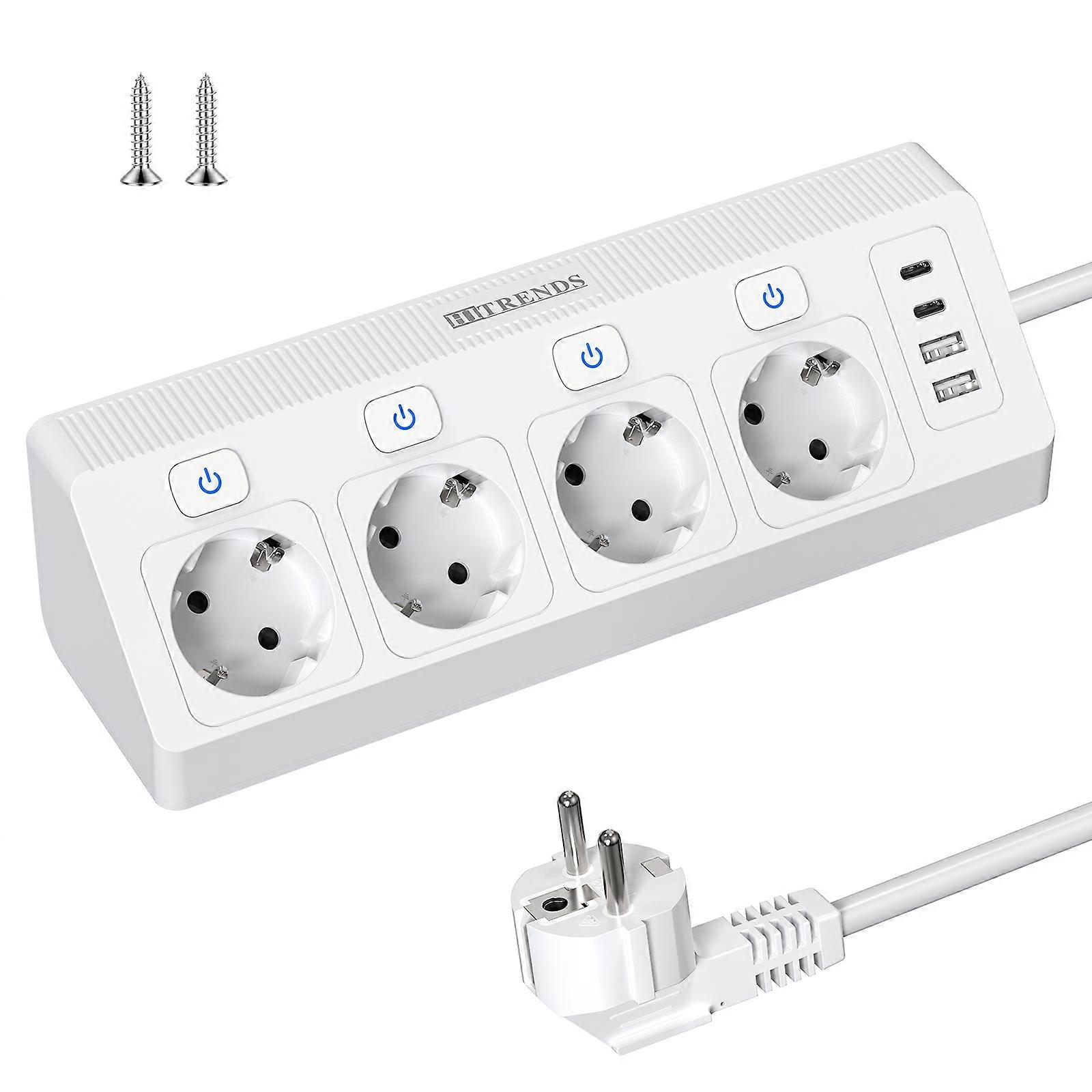 4 Way Corner Socket with 2 USB C and 2 USB A, EU Plug Power Strip Individually Switchable, Table Socket Multiple Plug, 2m Cable