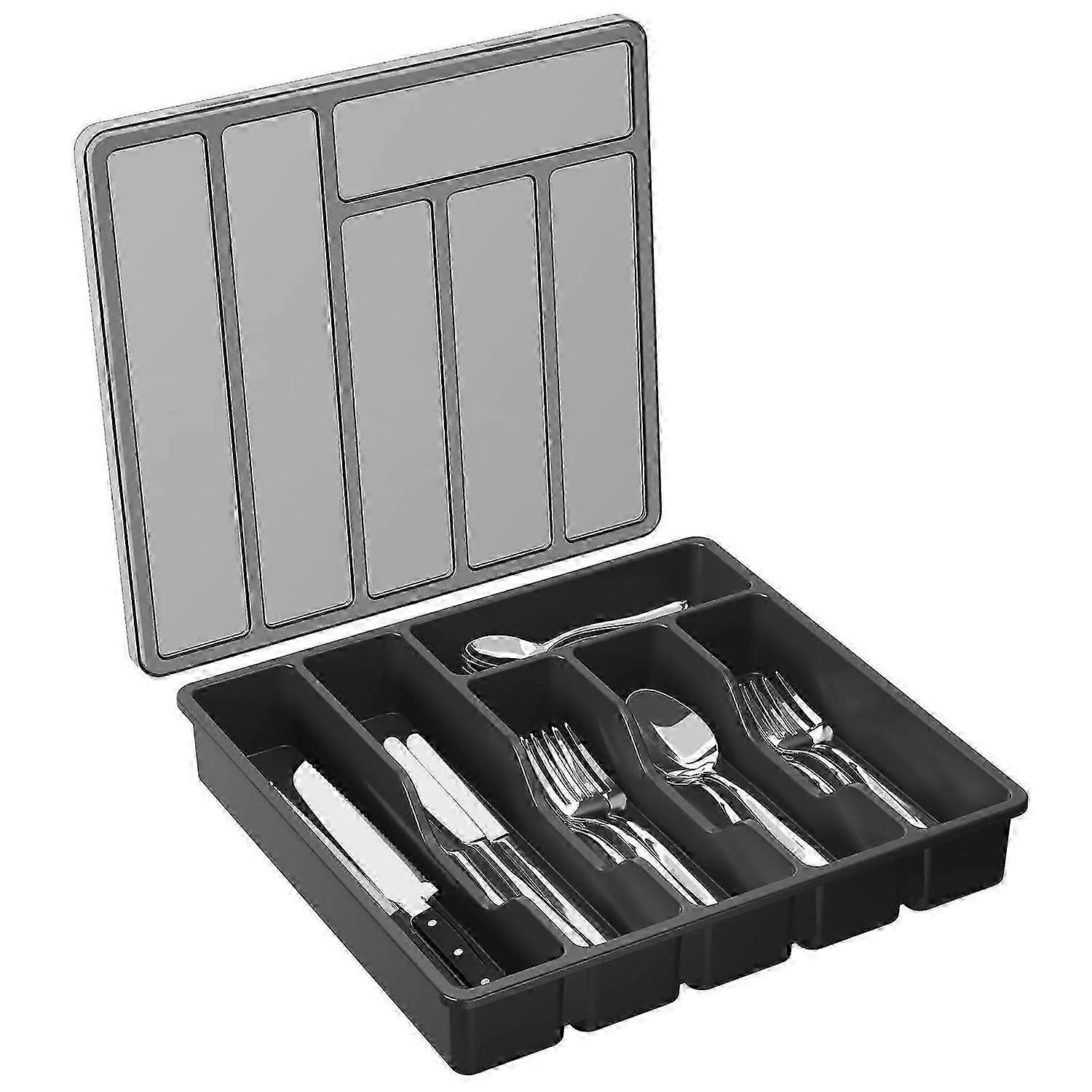 6 Compartments Silverware Organizer with Lid Cutlery Flatware Plastic Storage Box