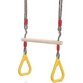 Conjunto de balanço de madeira com argolas de ginástica, estrutura de escalada e escorregador, compatível com crianças - Equipamento de recreação para jardim, para uso interno e externo (amarelo)