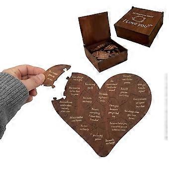 Quebra-cabeça de coração "20 razões pelas quais eu te amo" com caixa de presente. Quebra-cabeça de madeira em formato de coração.