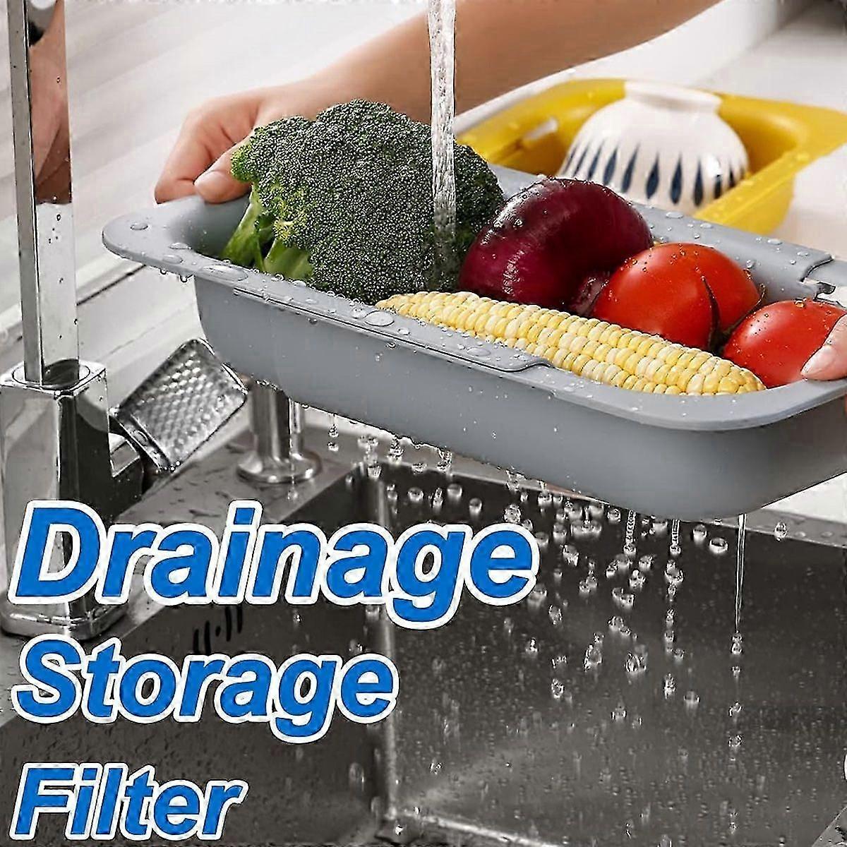 Retractable Sink Basket Rectangular Multifunctional Thicken Durable Drain Basket for Vegetable Fruit Grey