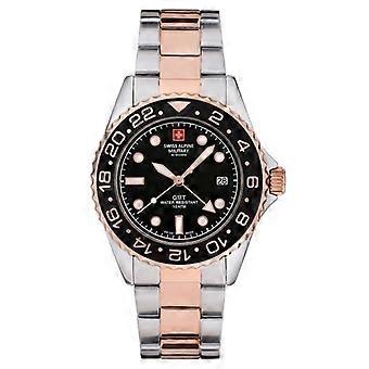 Swiss Alpine Military Master Diver GMT Two Tone Edelstahl Schwarzes Zifferblatt Quarz 7052.1157 100M Herrenuhr
