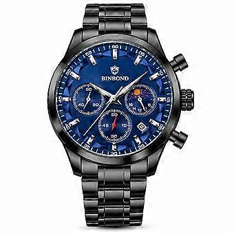 Men's Watch BINBOND Black Steel Blue Dial White Markers Multifunction Waterproof Fashion Wristwatch JY