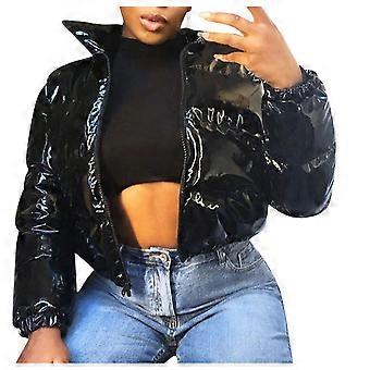 Women's Padded Short Coat Solid Stand-up Collar Cardigan Winter Down Jacket Patent Leather Glossy Outerwear Padded Coat 21907