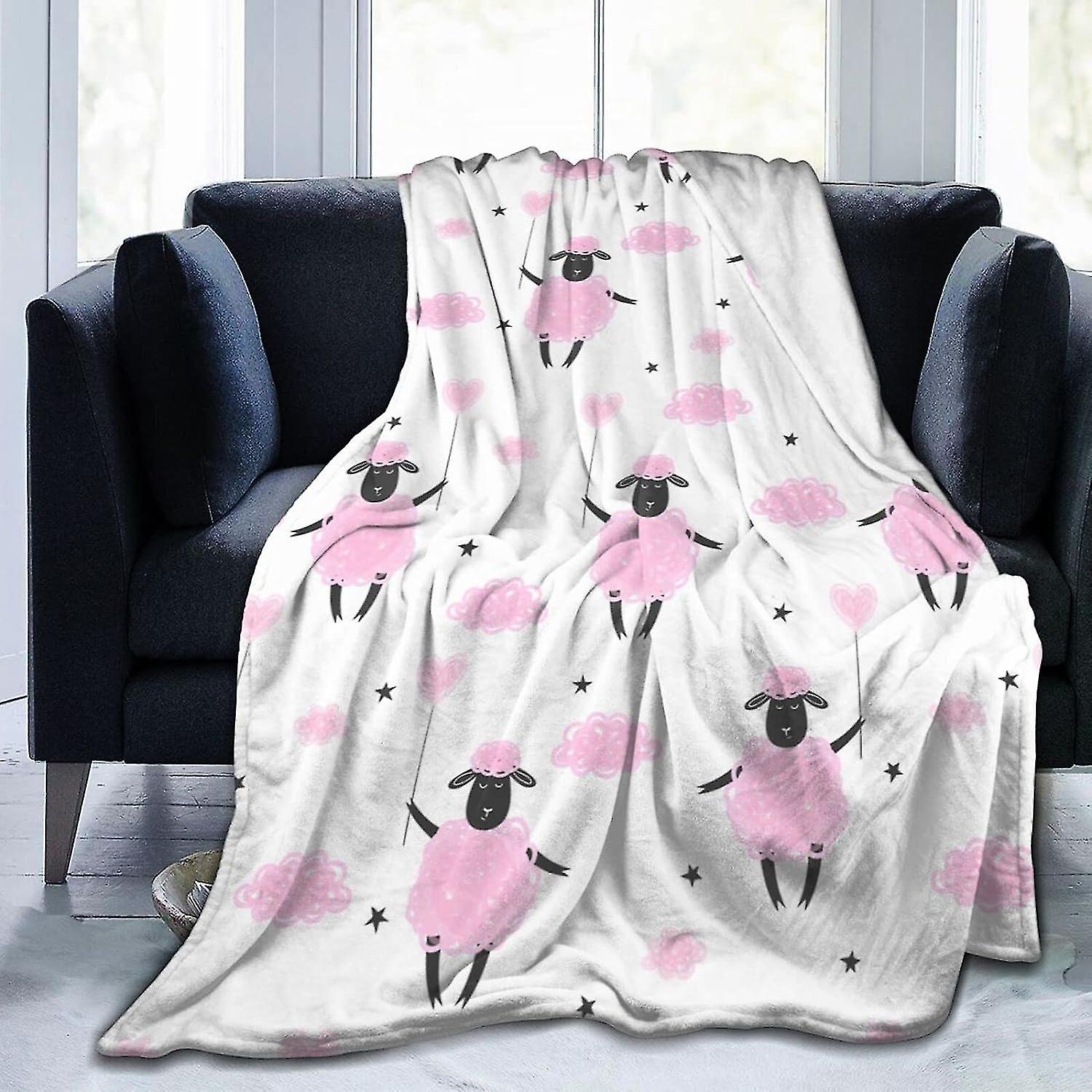 Cute Pink Sheep And Clouds Fleece Blanket Ultra Soft Throw Blankets Lightweight Plush Flannel Throws For Sofa Couch