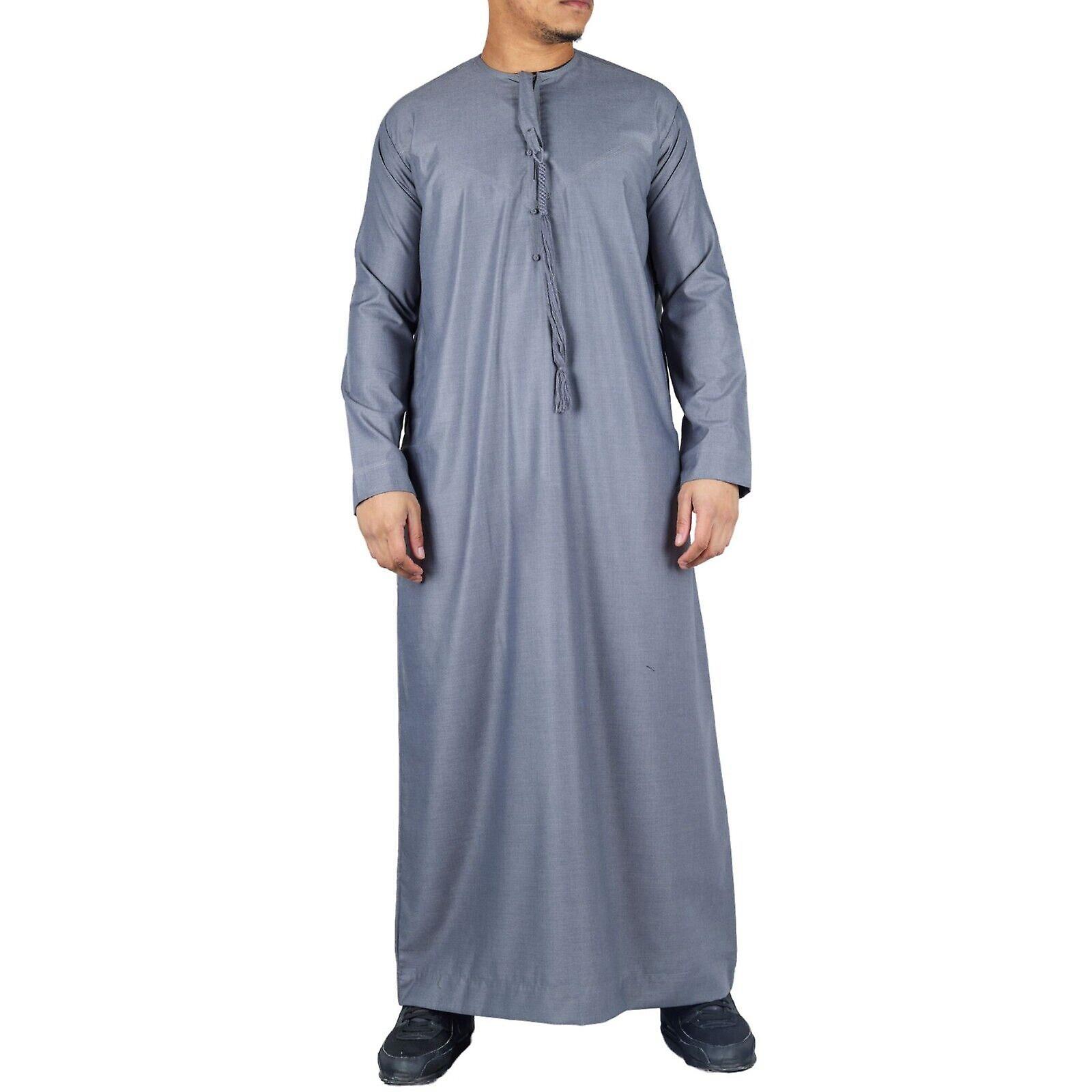Men's Grey Thobe Emirati Islamic Jubba Robe Eid Tassel Slim Fit