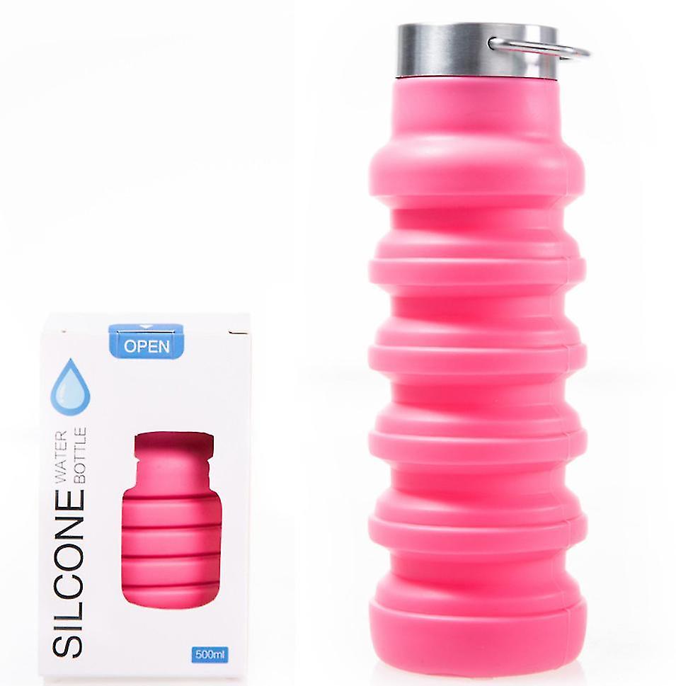 ピンク550mlポータブルスポーツウォーターボトル、屋外折りたたみ可能なシリコーンウォーターカップ、ステンレススチールカバーAz10488