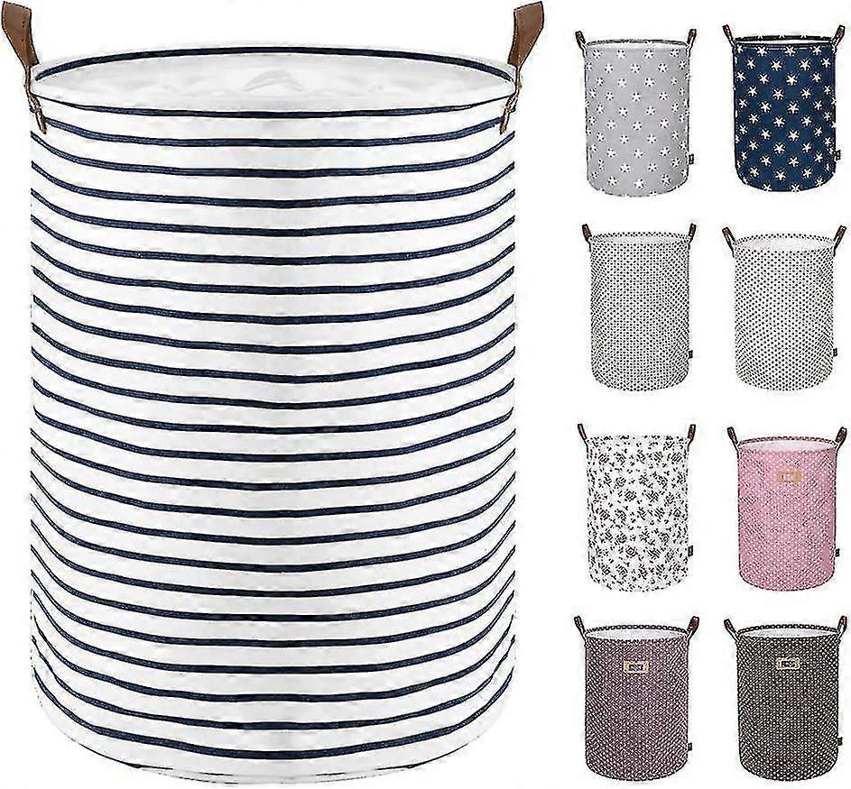 Cesto per bucato Freestanding Cesto per bucato con coperchio, grande cesto pieghevole per bucato con coulisse e manico in pelle (striscia blu, M)