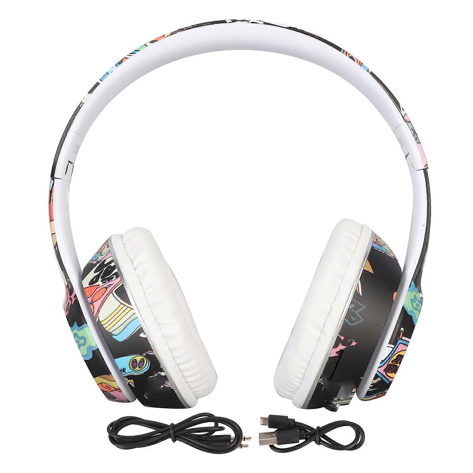 Graffiti Bluetooth Headset HiFi Stereo Built in Mic Support Memory Card Line in Wireless Headphone with RGB Light for PC