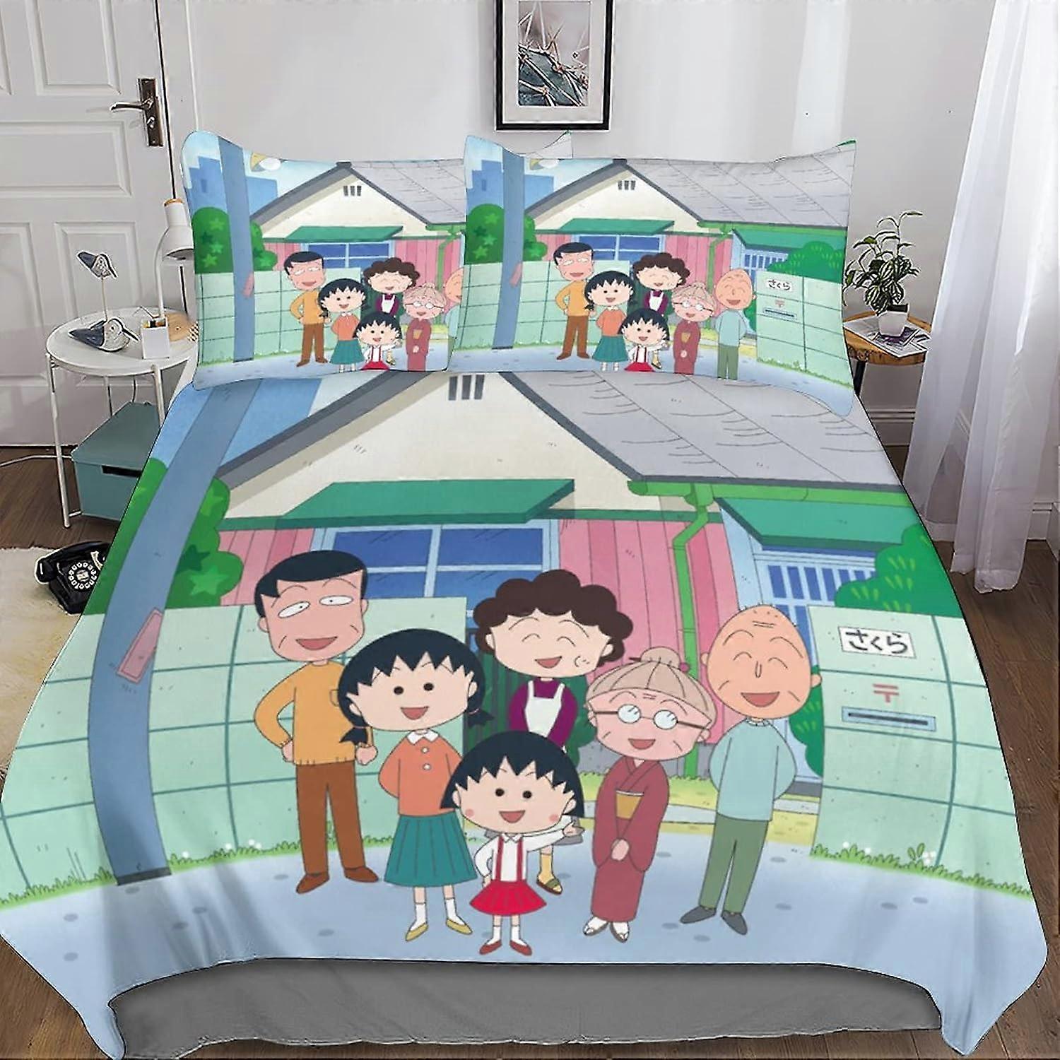 Chibi Maruko-Chan 3D Quilts and Bedding Sets with Pillowcase, Bedding Duvet Cover, 3 Pieces Microfiber Bedding with Zipper Closure Pillowcases