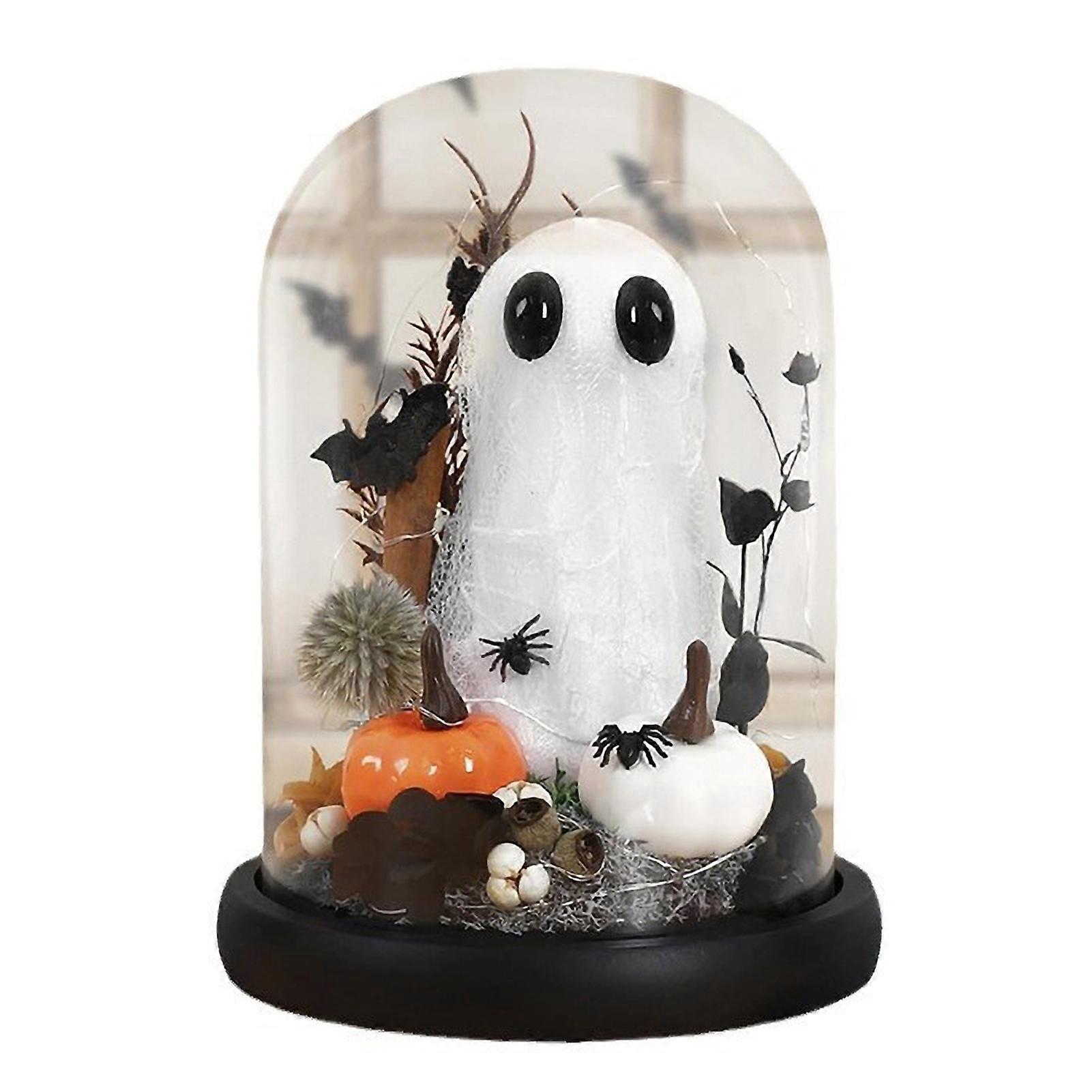 Halloween Ghost Ornaments Ghost in Glass Dome Cloche with String Lights Adopt A Ghost Figurine Tabletop Decor for Halloween Indoor Decoration