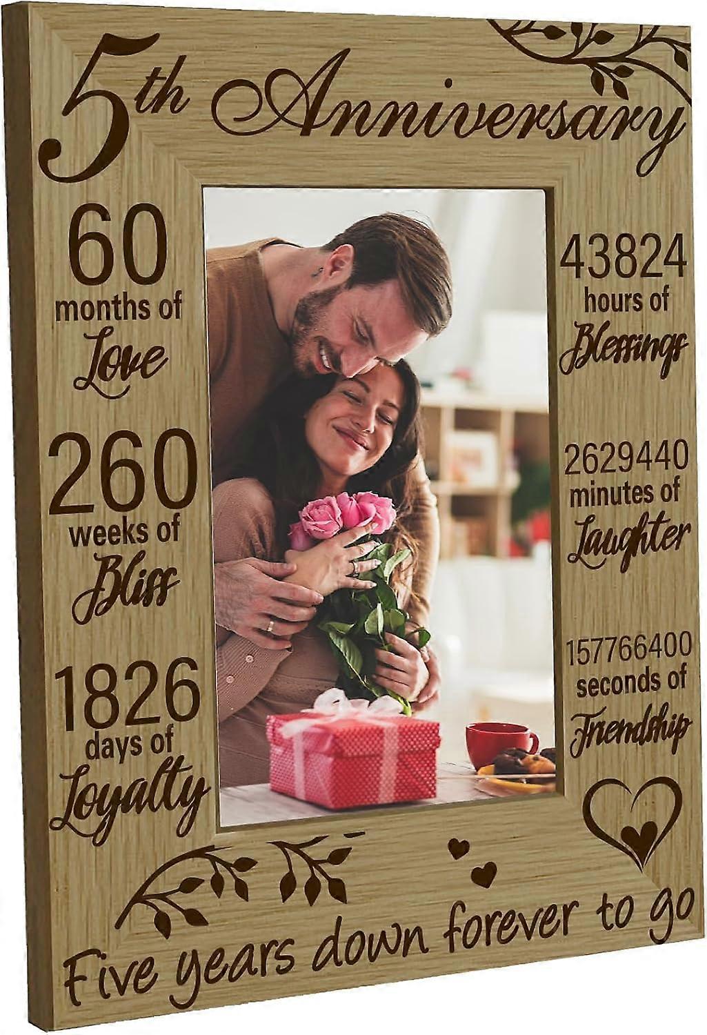 5 Years of Marriage Picture Frame Wood 5th Anniversary Photo Frames 4 x 6 Engraved Display Wooden Tabletop Postcard Frame Gifts for Hanging Wall Galle