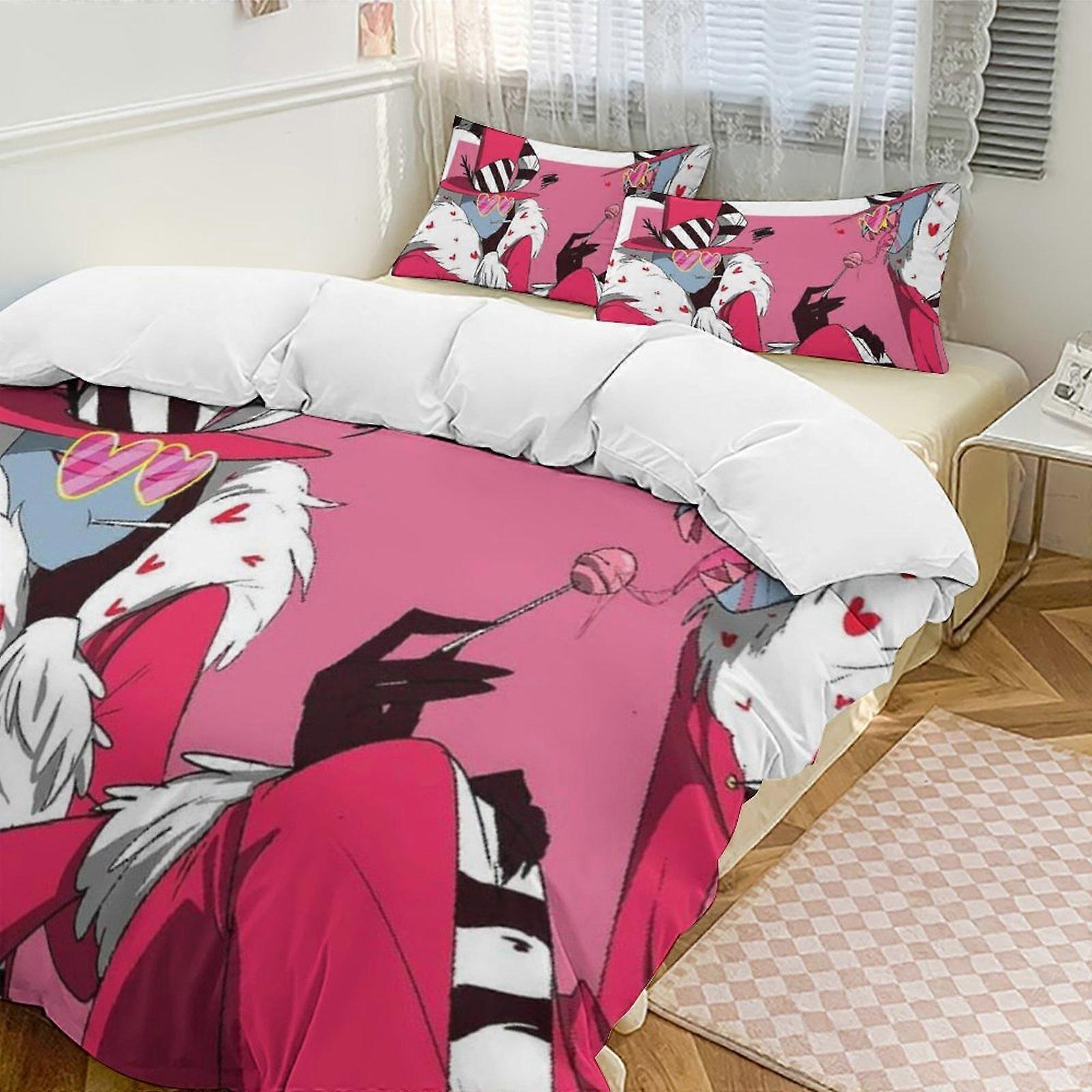 v122 Hazbin Hotel 2 Cama Capa de Edredom Microfibra Conjuntos de Cama Leve 3 Peças Conjuntos de Edredom, 1 Capa de Edredom e 2 Fronhas para Crianças aa122