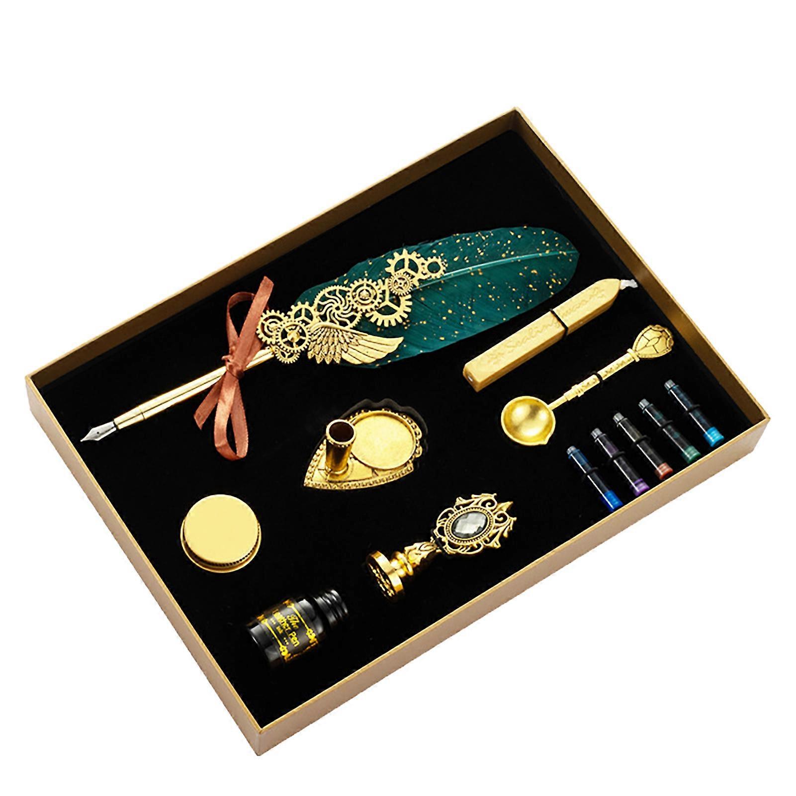 1 Set Decorative Quill Pen Set Retro Copper Comfortable Grip Quill Pen Ink Set for Study Room KAESI