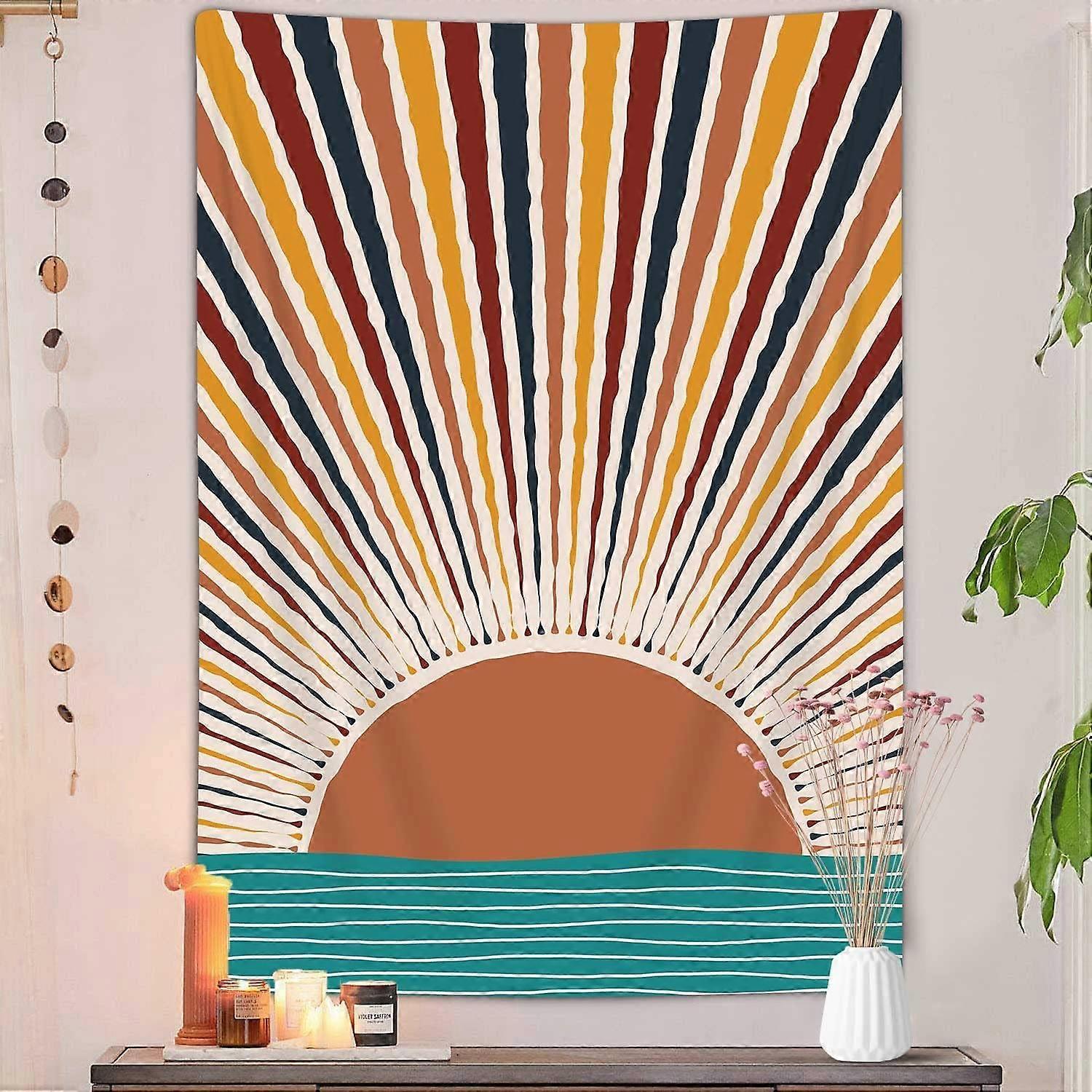 Sun Wave Vertical Tapestry Aesthetic, Vintage Abstract Rainbow Tapestry Wall Hanging for Bedroom, Red Retro 70s Mid Century Modern Decor Art Tapestrie