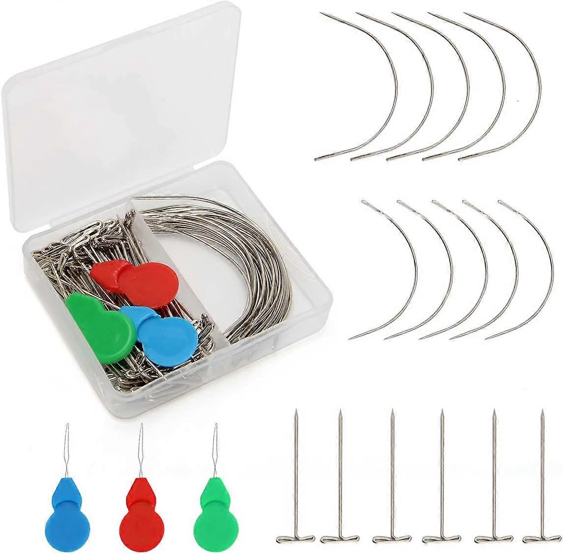 70 Pieces Wig Making Pins Needles Set, Wig T Pins and C Curved Needles Hair Weave Needles for Wig Making, Blocking Knitting, Modelling and Crafts