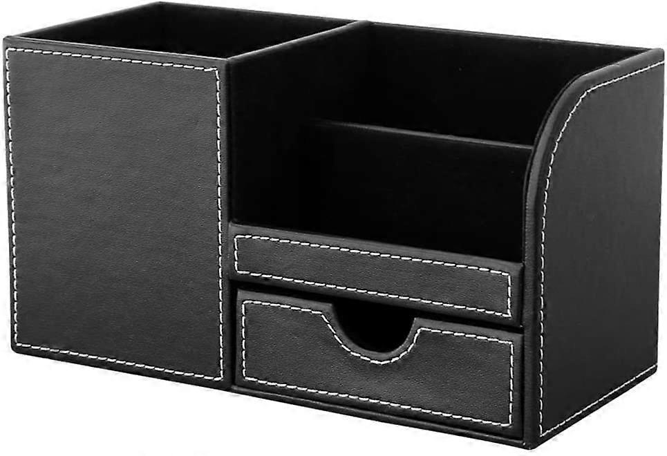 Wooden Struction Leather Multi-function Desk Stationery Organizer with Small Drawer - Black