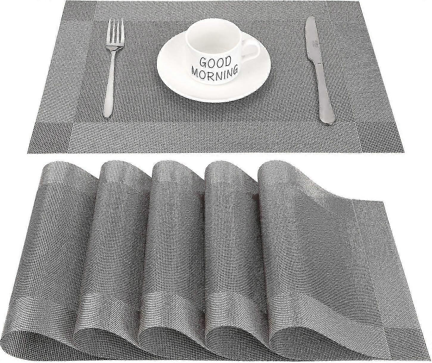 Non-slip Pvc Placemats Rectangular Vinyl Table Set For Restaurant, Kitchen Or Dining Table, 45x30cm Set Of 6 (grey + Silver)