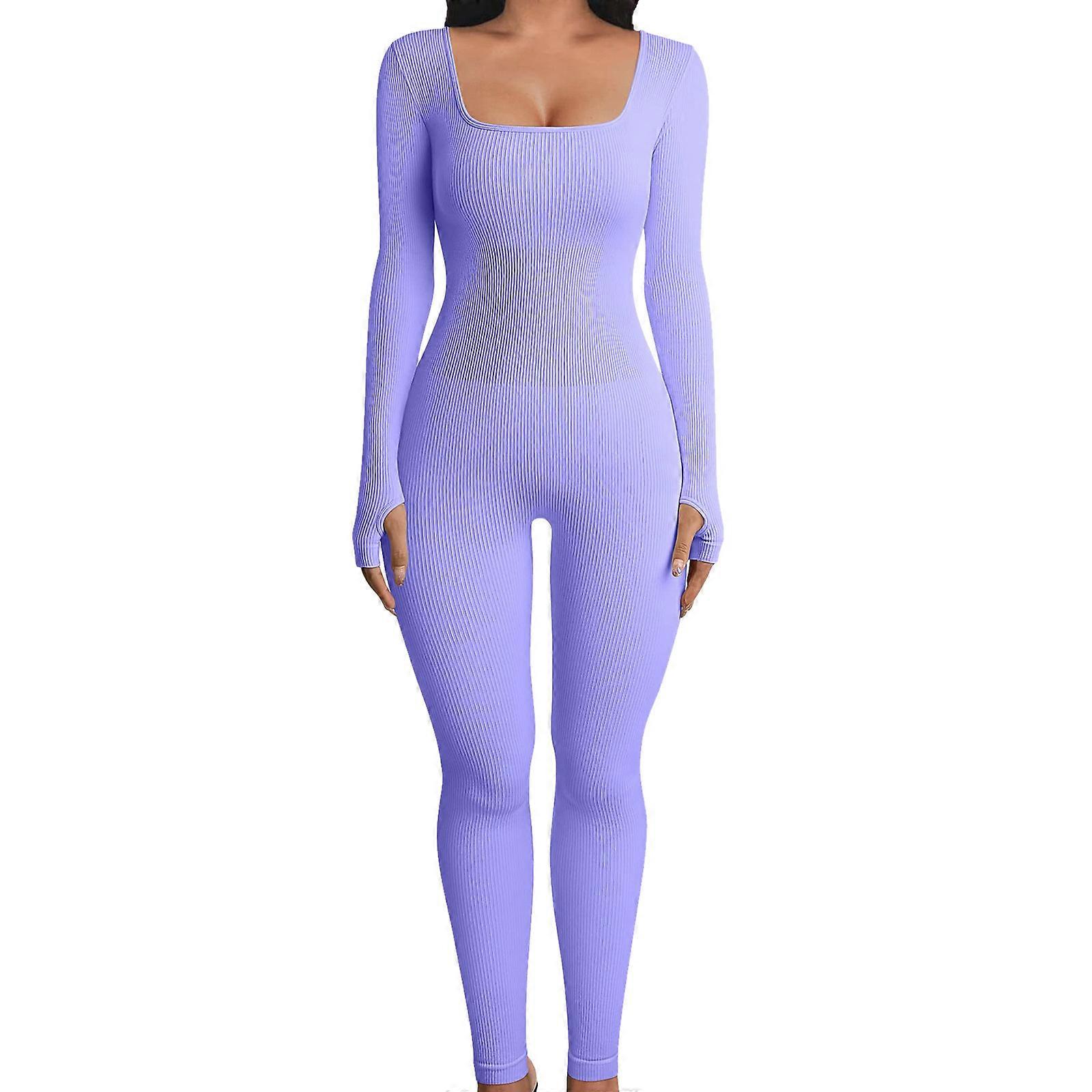 2023 NEW Ribbed Knit Bodycon Jumpsuit Multicolor Solid Long Sleeve Square Neck