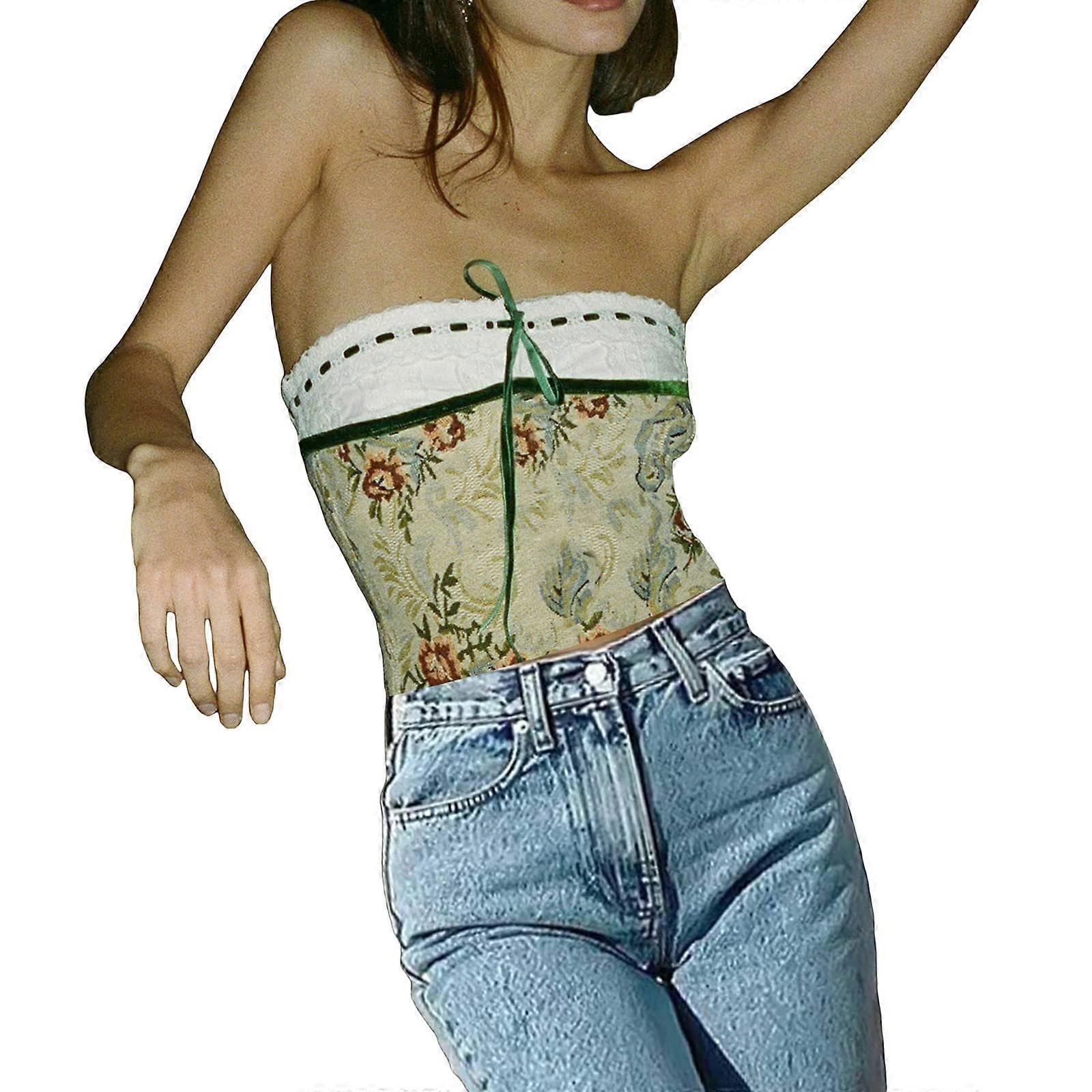 Divat csőfelsők nőknek, virágos csipke pánt nélküli áttetsző hálók crop top, szexi camisole boho bandeau utcai viselet