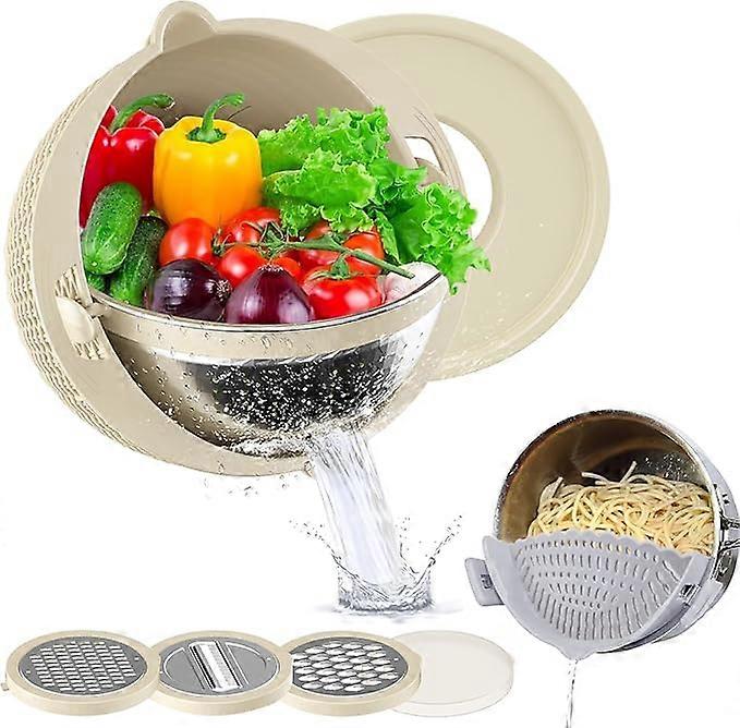Colander For Kitchen With Pasta Strainer,5 In 1 Colander With Mixing Bowl Set,Double-Layer Rotatable Colander Bowl Set With Slicer