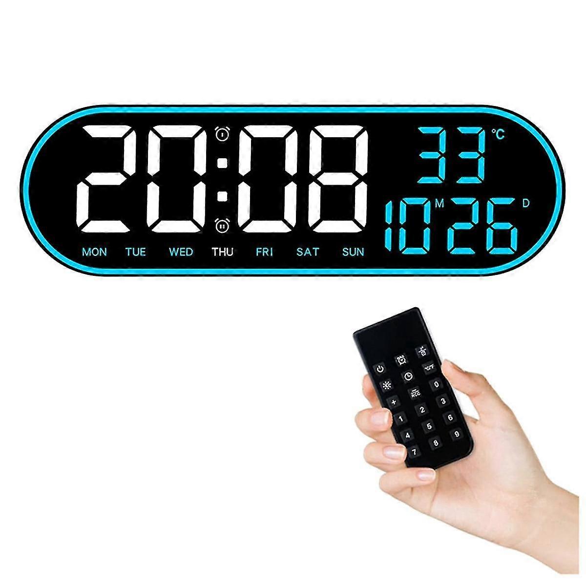 Digital Wall Clock Display, 15inch Clock With Time Date Temp Week, Timer, 1auto-dimming, Led Digital Clock Blue