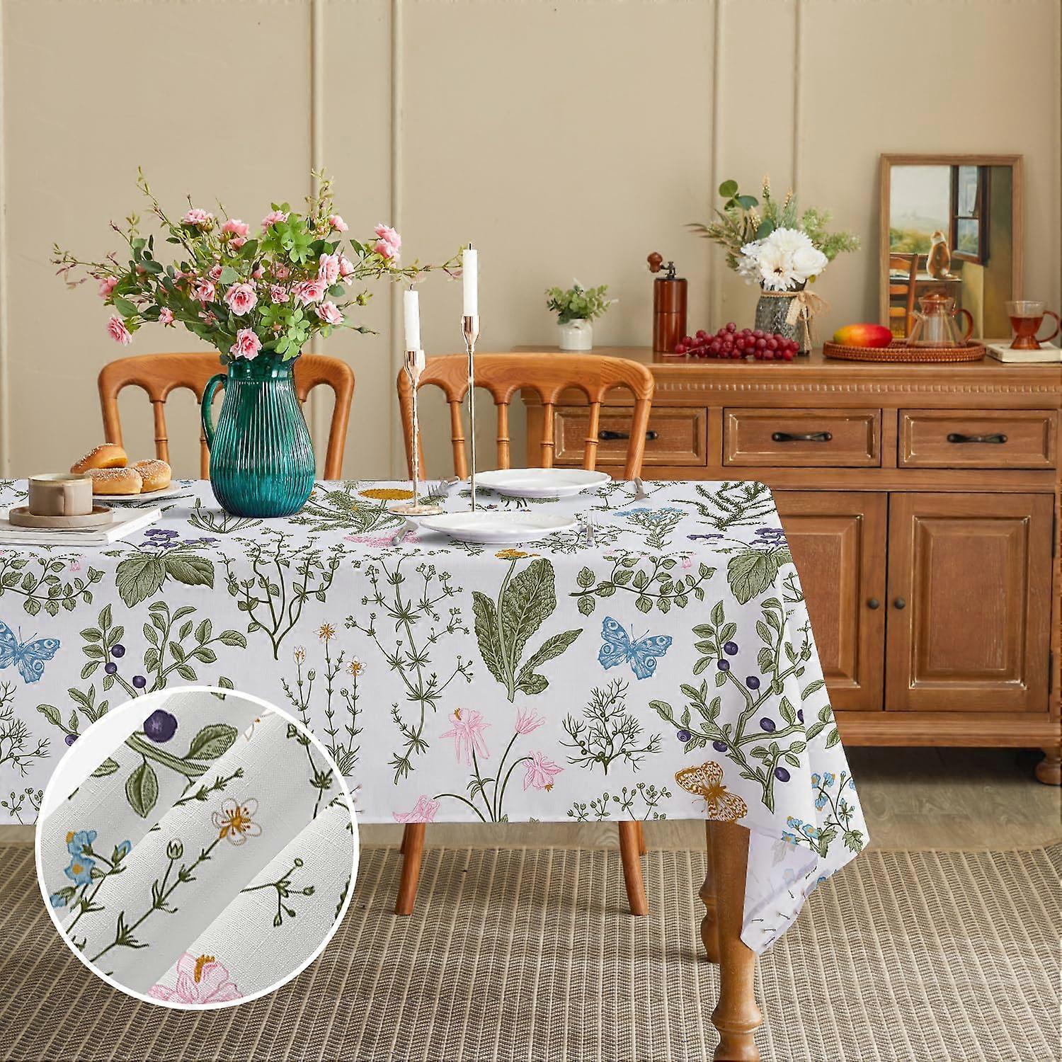 Toalha de Mesa Retangular de Ervas Texturizadas de Linho Falso, Tecido de Poliéster Impermeável com Flores Silvestres Rústicas Vintage, Capa de Mesa para Jantar na Cozinha 60''x84'',4-8