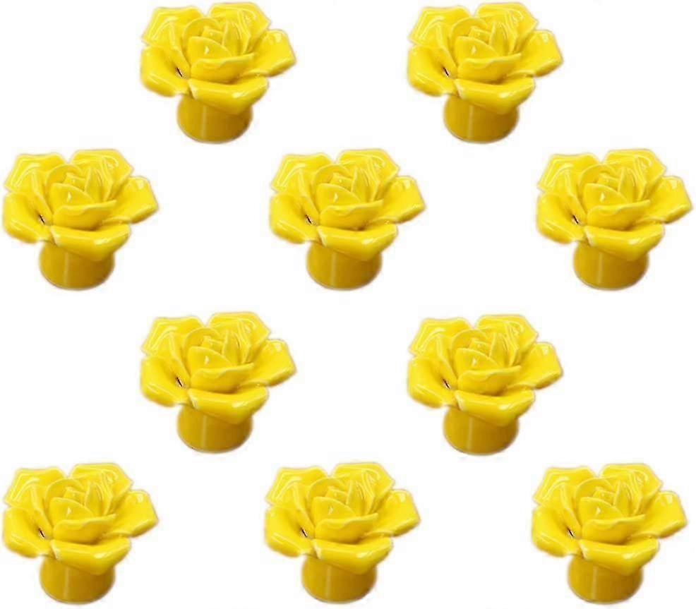 Yellow Rose Flower Ceramic Door Knob Drawer Pull Handle - 10 Pack