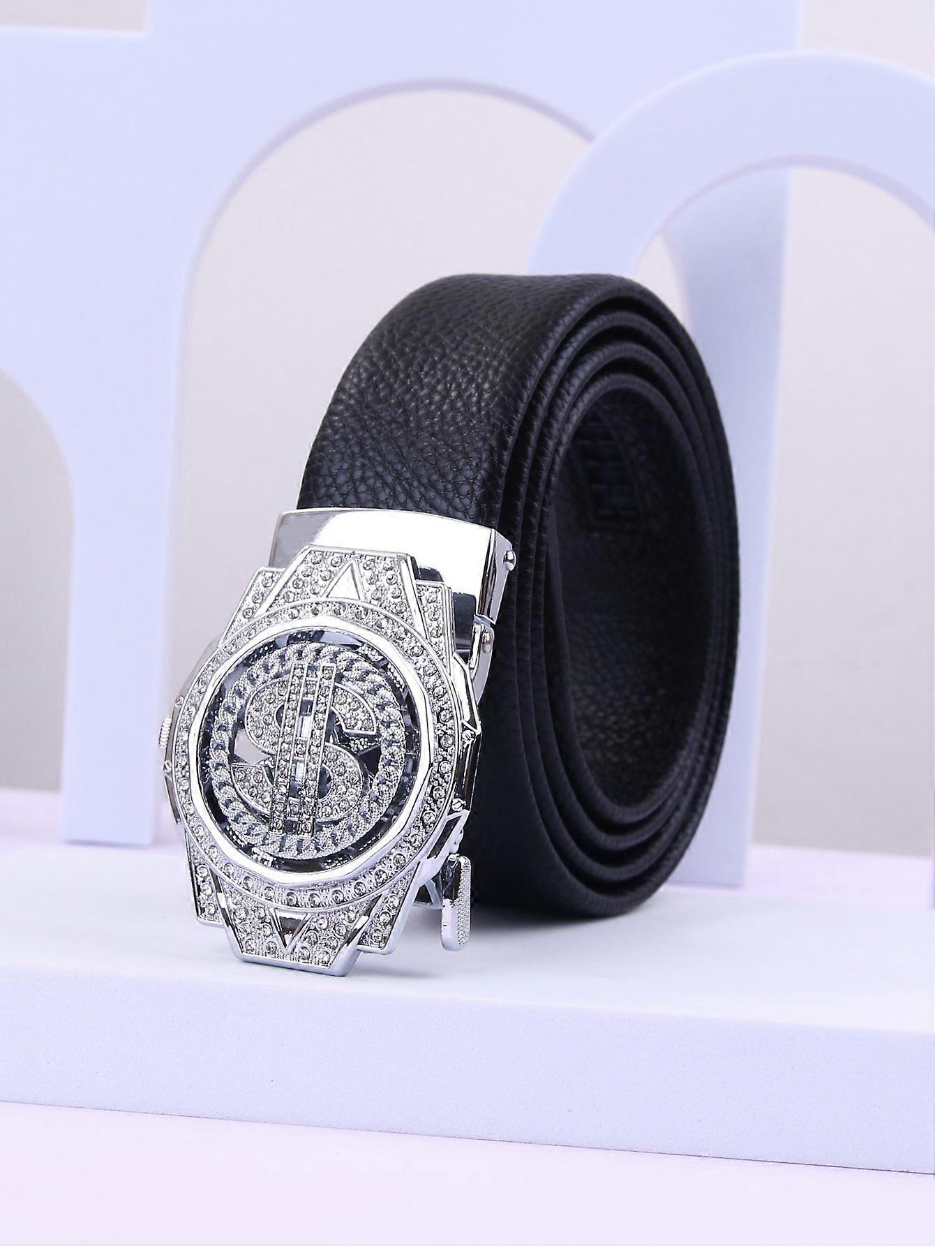 Men Litchi Embossed Rhinestone Automatic Buckle Belt Party