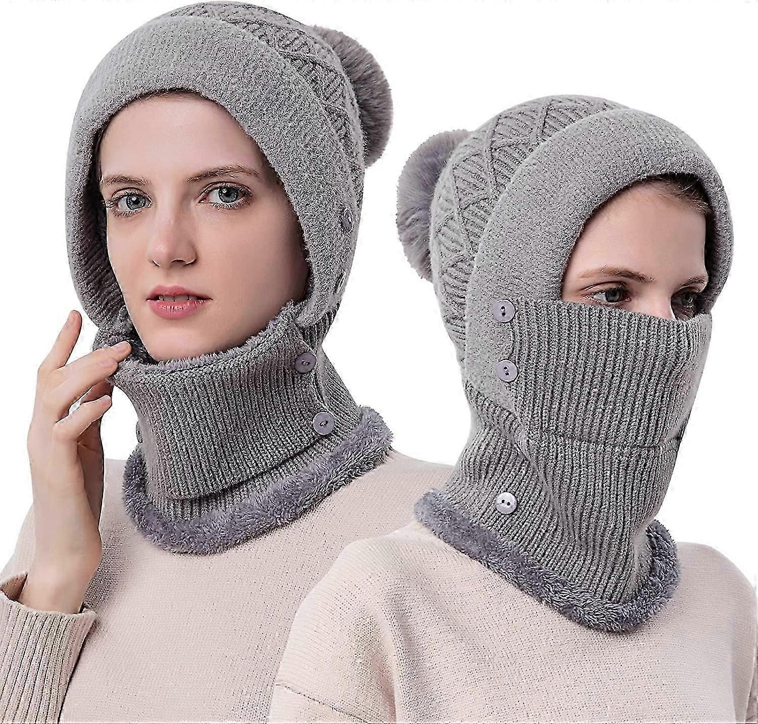 Kadın Kış Sıcak Örme Cap Şapka Boyun Isıtıcı Setler, Çift Katmanlı Polar Astarlı Beanie Şapka, Gri