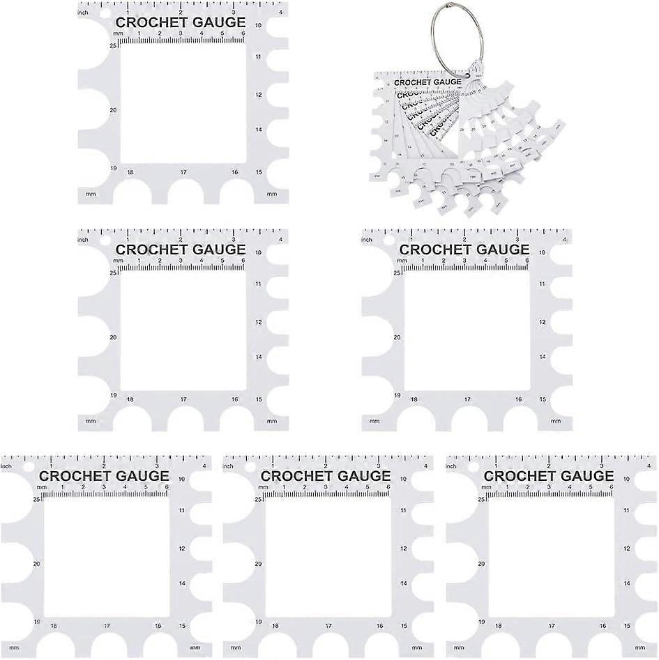 6 Pcs Crochet Gauge Tools, Rectangle Plastic Knitting Needle Gauge with Binder hinged Rings Knitting Gauge Rulers Crochet Hook for Spinners Yarn Measu