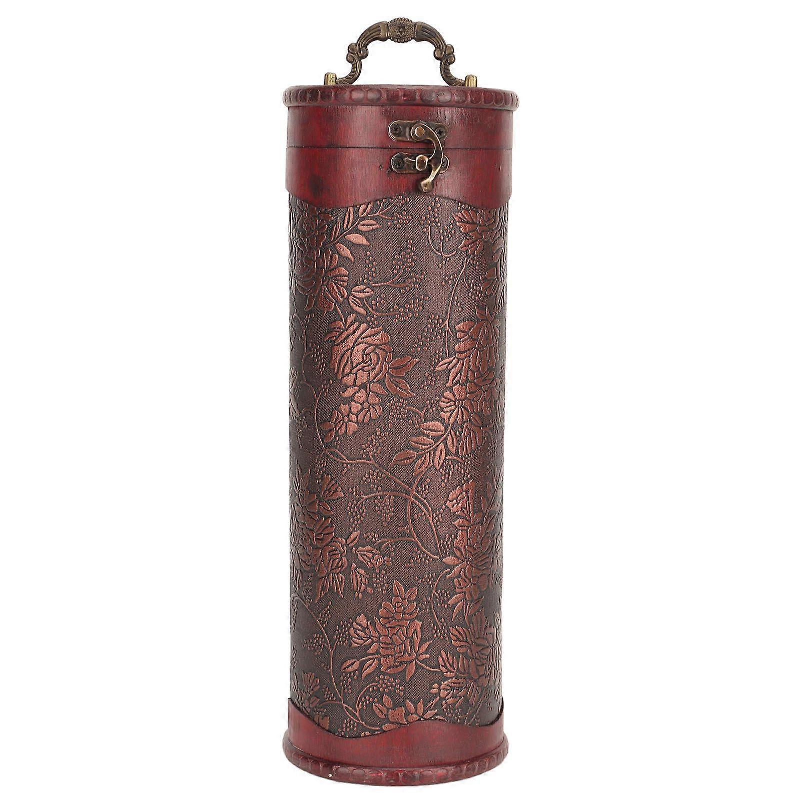 Antique Finish Wooden Wine Bottle Box Grape Pattern Artificial Leather Portable Red Wine Storage Box
