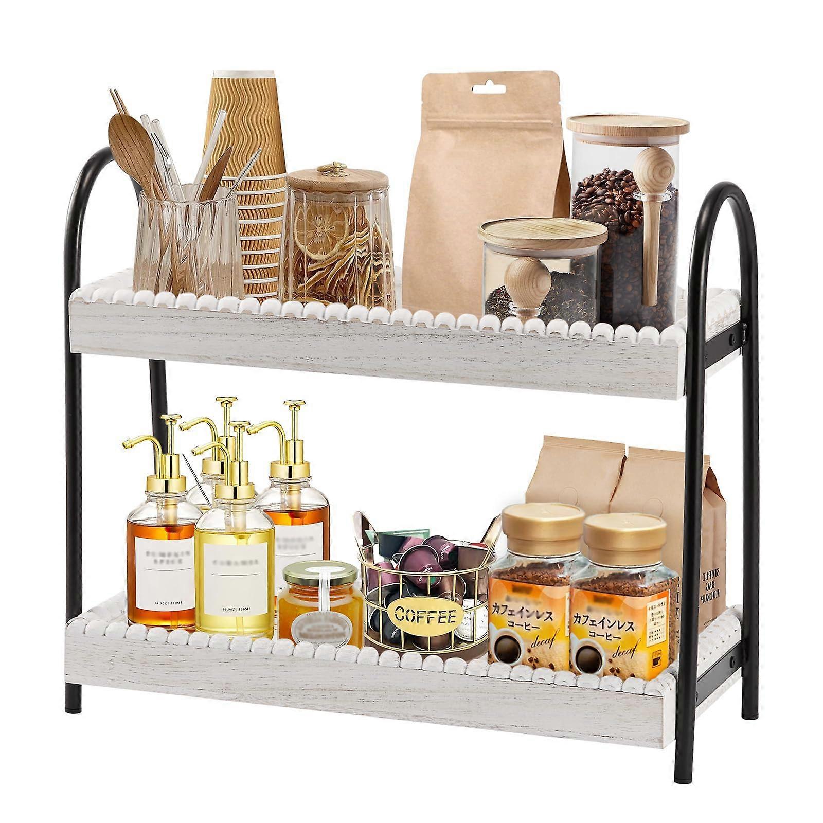 2-Tier Coffee Bar Organizer Rustic Wood Shelf for Mugs Cups Syrups Condiments Kitchen Home Office Storage Solution