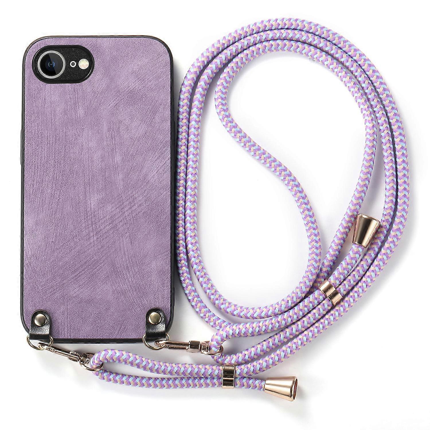For iPhone 16e Retro Leather Phone Back Cover with Adjustable Strap-Purple