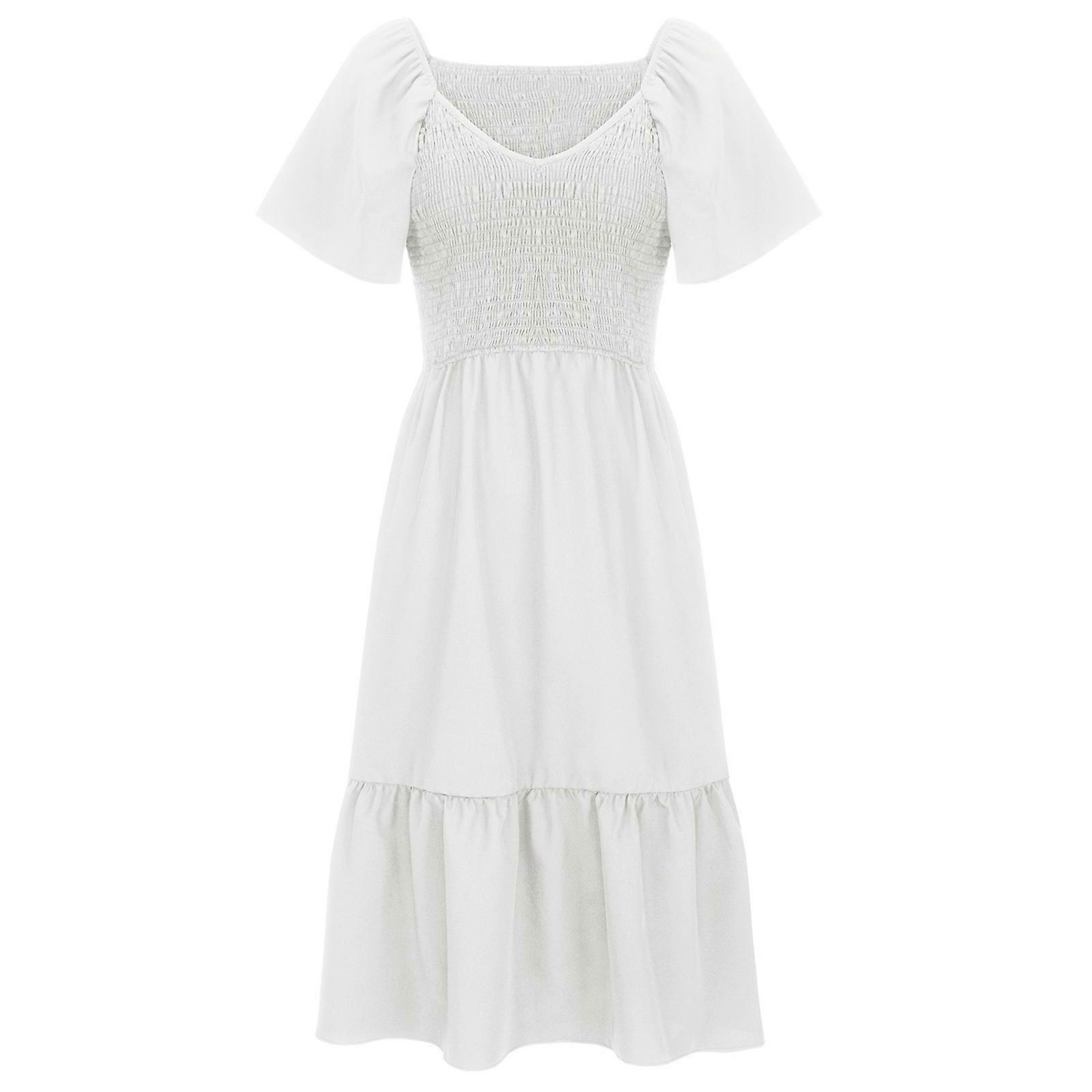 Decolteu în V Scurt Flutter Lotus Sleeves Rochie solidă fluidă Talie imperiu Volane Seaside Rochie maxi lungă pentru vară Zilnic Alb XL