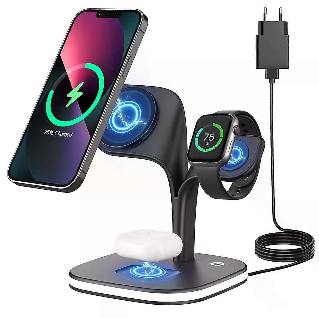 Kabelloser Ladeständer für iPhone – 3-in-1-Schnellladestation mit Nachtlicht für Telefon, Smartwatch und Ohrhörer, Schwarz