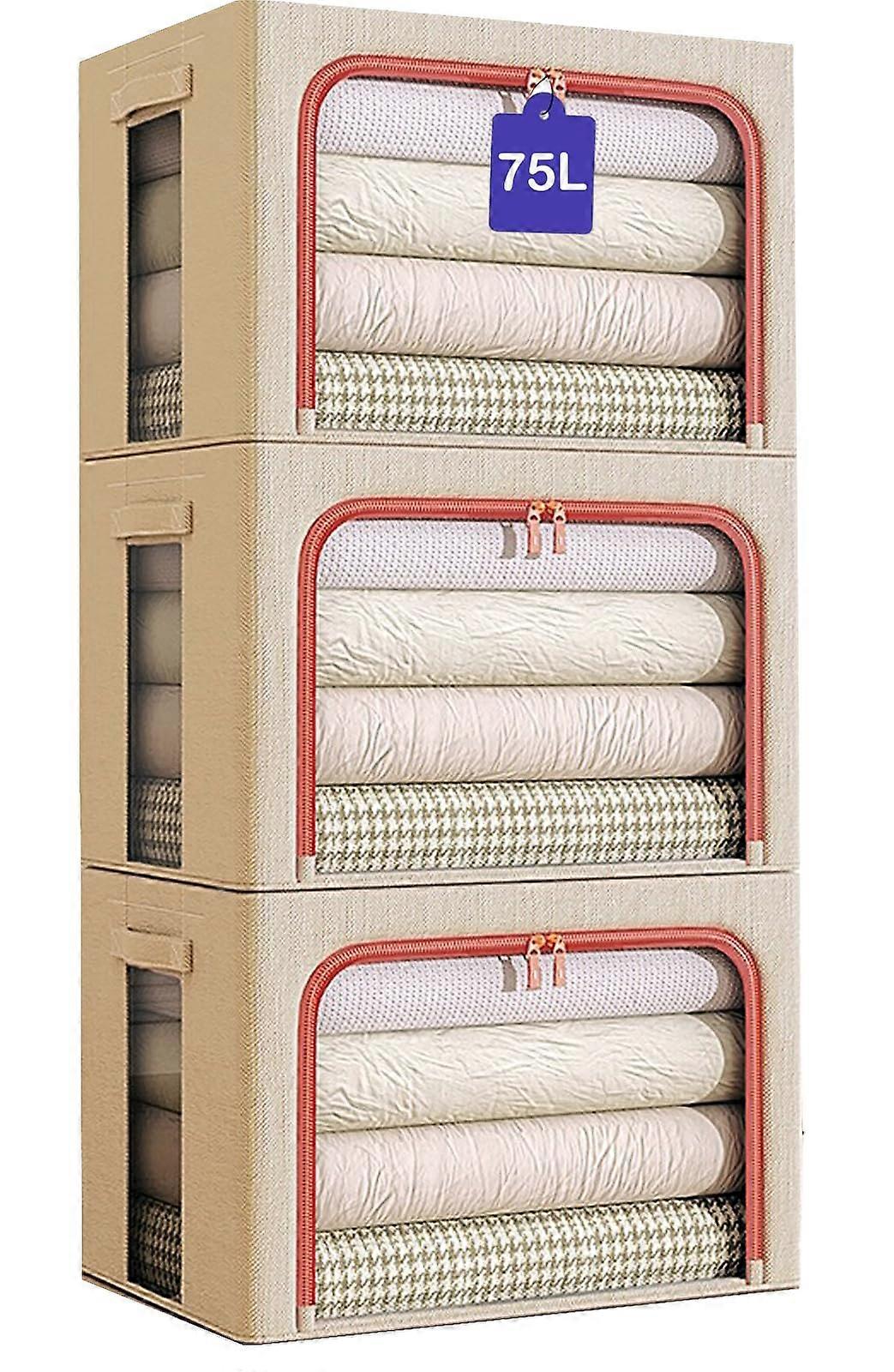 3Pack Storage Bins with Metal Frame, Foldable Fabric Organizer with Lids, Clear Window, Zippers, and Handles, 19.7x15.7x13In, Beige