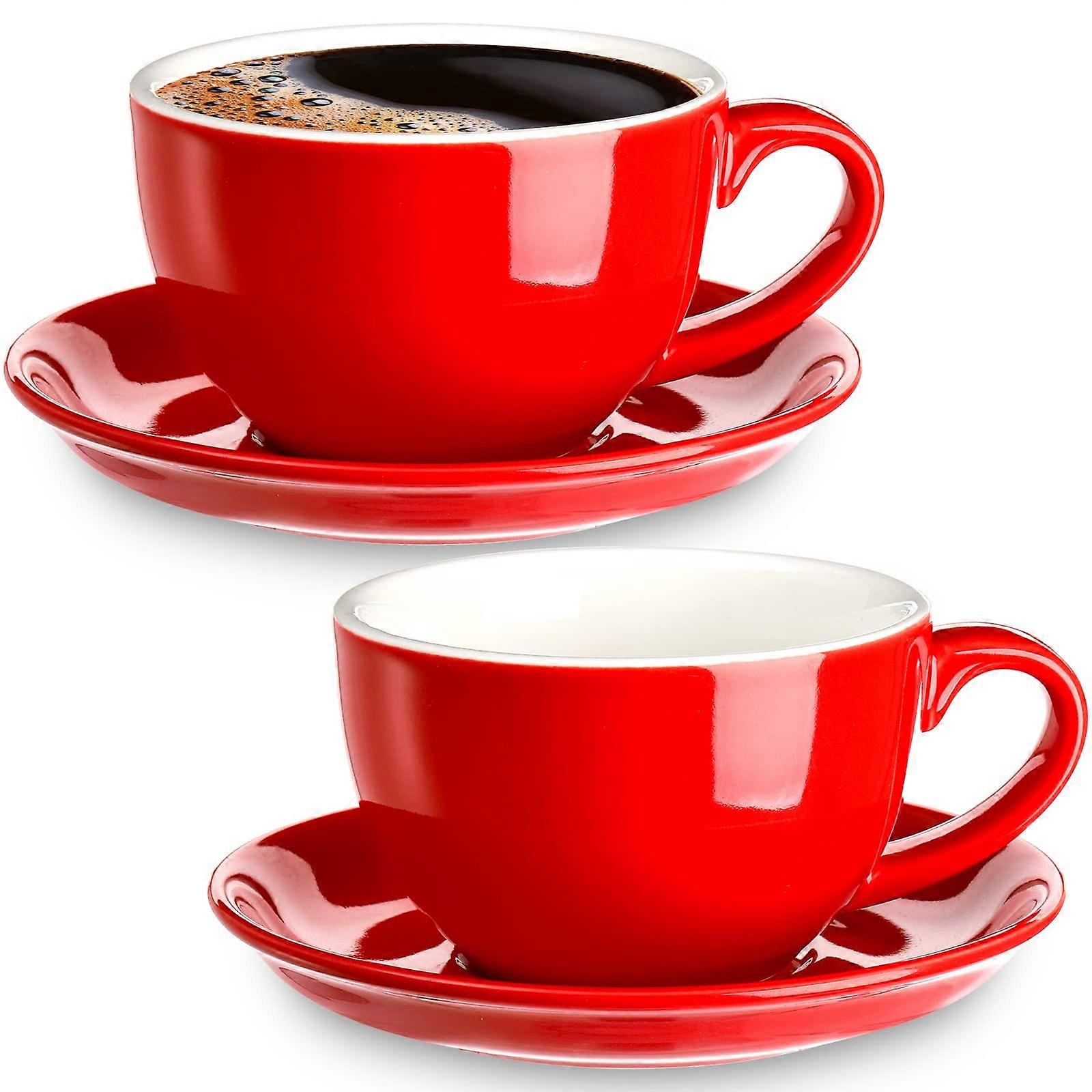 2 Pack Ceramic Coffee Cups with Saucers, 8.5 Oz Glossy Red Latte and Cappuccino Cups for Espresso and Tea