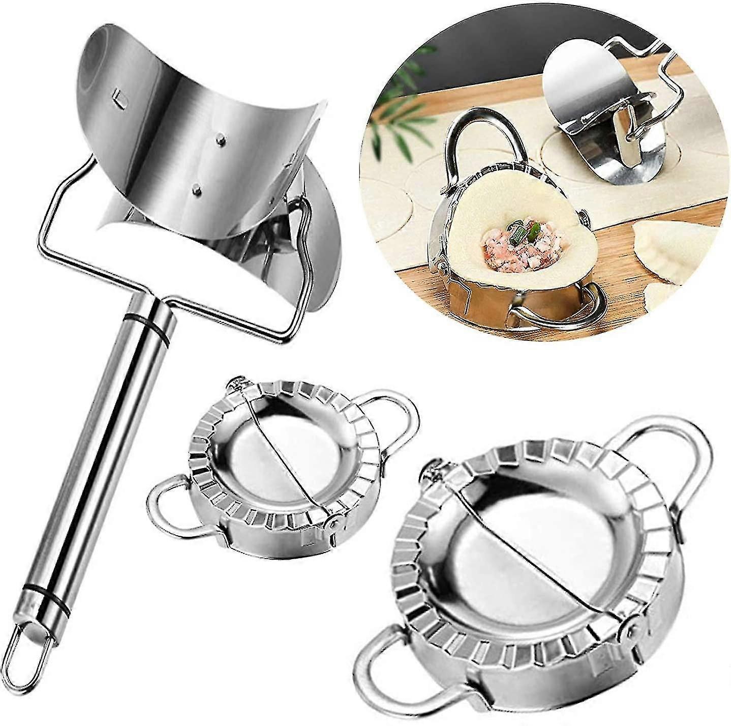 3pcs Stainless Steel Dumpling Makers, 1 Dumpling Skin Maker, 2 Dumpling Molds In Different Sizes, Chinese Dumpling Cutter Pie Ravioli Empanadas Press