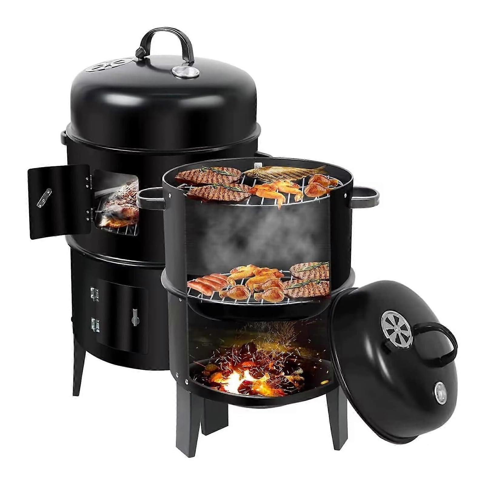 17Inch Charcoal BBQ Smoker With TwoTier Grates and Thermometer Outdoor Home Party Vertical Smoke Smoking Charcoal Easy to tall and clean(3in1)