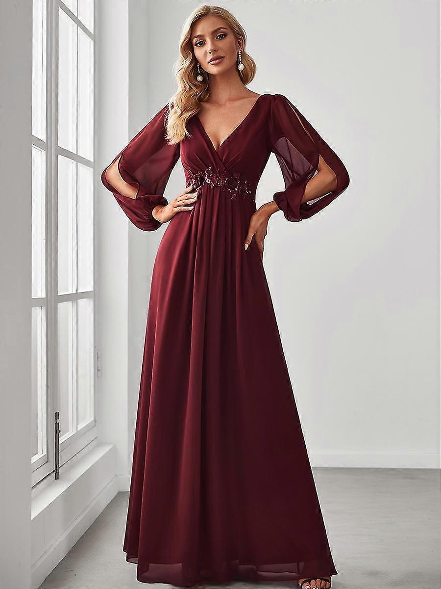 Ever-Pretty Women's Floor Length Long Lantern Sleeves Evening Dresses  Chiffon Deep V Neck Applique Wedding Guest Dress