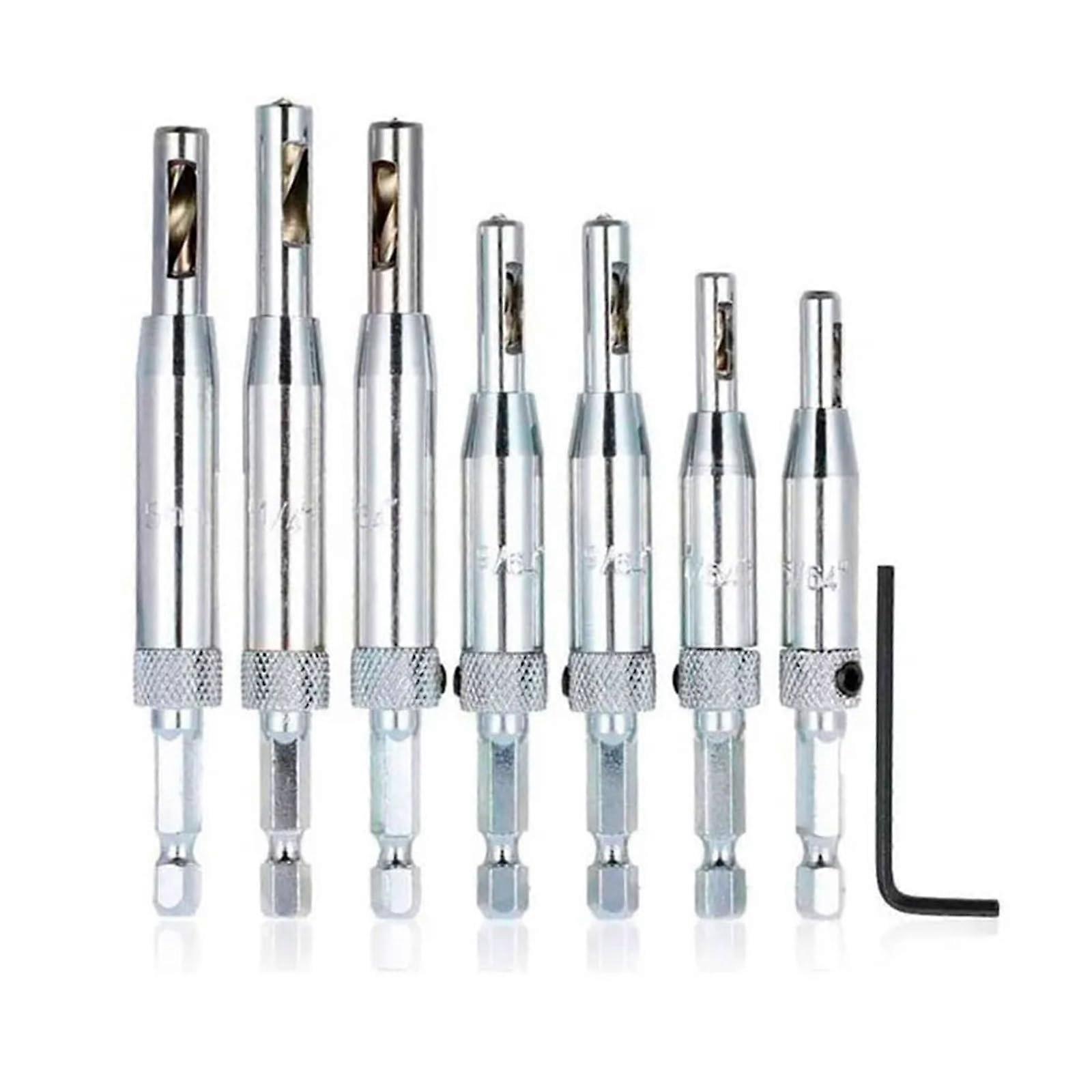 Selfcentering hinge drill bit set for cabinet doors and faux furniture, HSS, with hex key, 7piece.