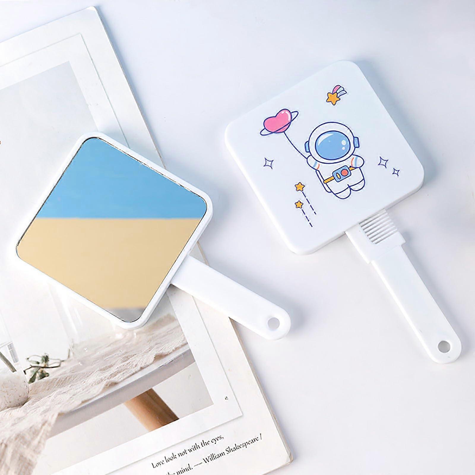 Cartoon Astronaut Handle Makeup Mirror with Comb 2-in-1 Square Portable Girls Gift