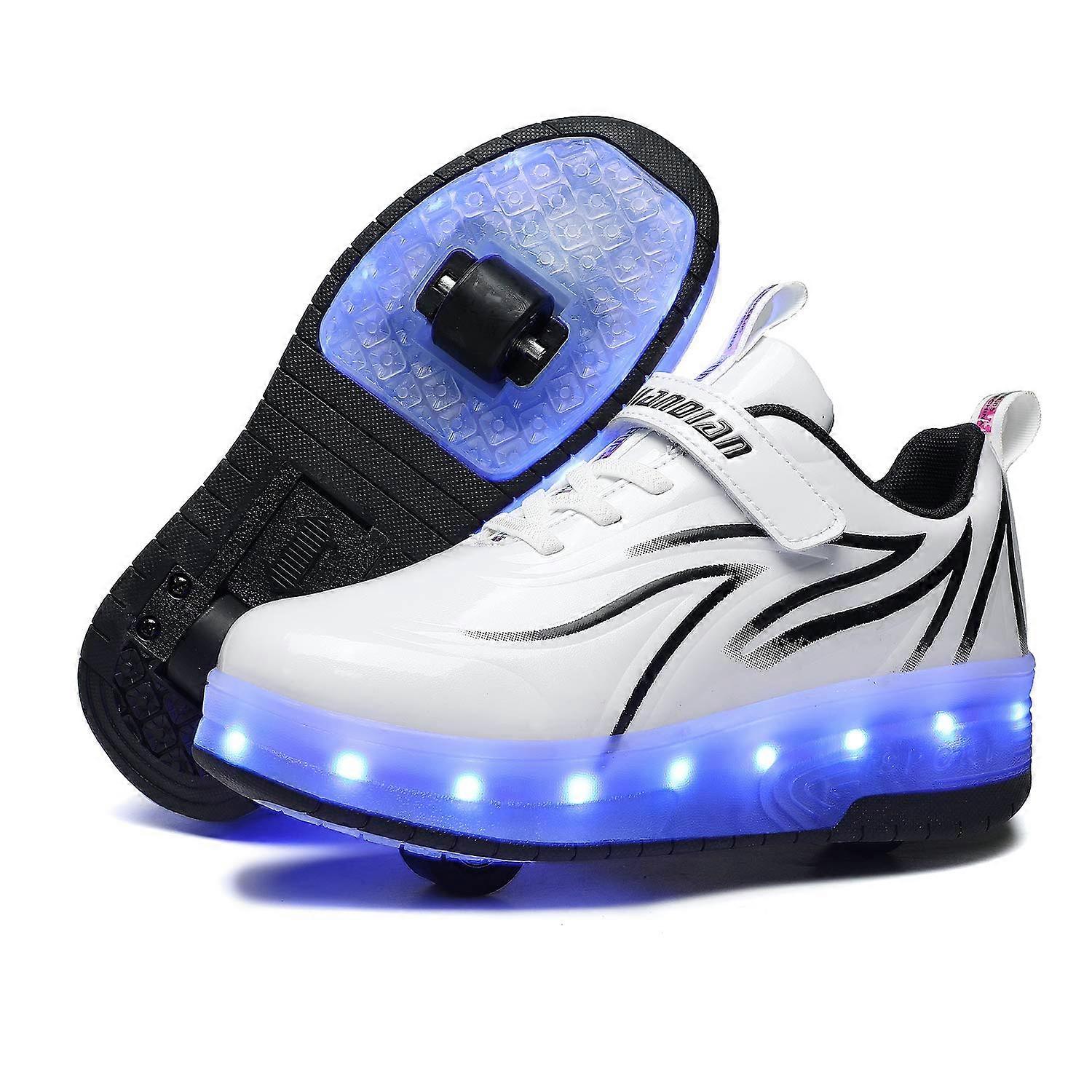 LED USB Charging Luminous Shoes With Double Wheels, 7-Color Changing, EU Size 37, White